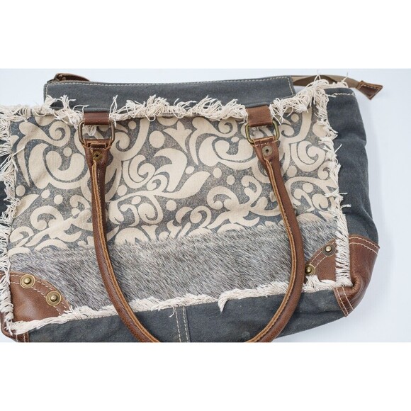 Myra Bag Leaf print Boho Gray Faux Leather & Fur accents S-115 - Picture 2 of 11
